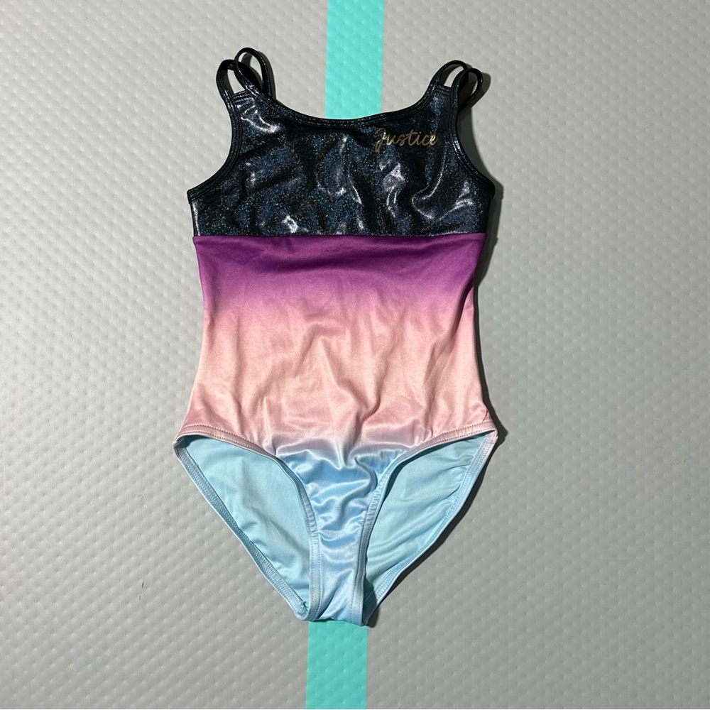 Justice Girls Ombre Gymnastics Leotard Purple Blue Shimmer Strappy‎ Back XS 5/6
